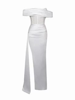 Miss Circle Corsets Norma White Off Shoulder Crystallized Corset Satin Gown
