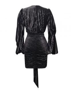 Miss Circle Sale Time To Shine Black Silver Sparkling Stripe Velvet Draped Dress