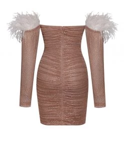 Miss Circle Casimira Nude Mesh Crystal Dress With White Feather Trim
