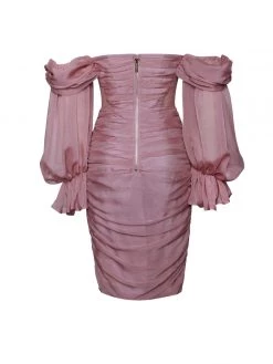 Miss Circle Sale Sirene Blush Silk Pleated Off Shoulder Balloon Sleeves Dress