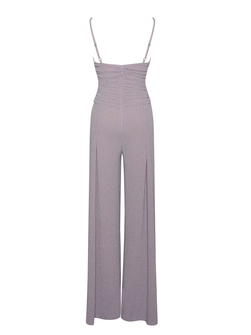 Miss Circle Quita Purple Metallic Tie Front Wide Leg Jumpsuit Dresses