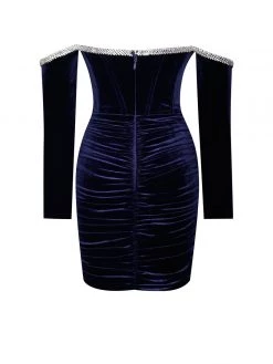 Miss Circle Odette Navy Velvet Off Shoulder Corset Dress With Crystal Trim