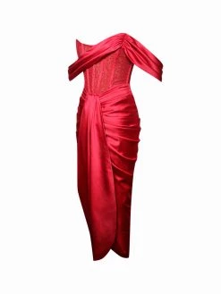 Miss Circle Stella Burgundy Off Shoulder Crystal Corset Satin Gown Corsets