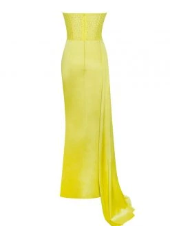 Miss Circle Holly Lemon Crystallized Corset High Slit Satin Gown