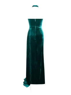 Miss Circle Rayna Teal Criss Cross High Slit Velvet Gown With Gloves Gowns