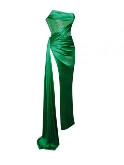 Miss Circle Holly Green Crystallized Corset High Slit Satin Gown