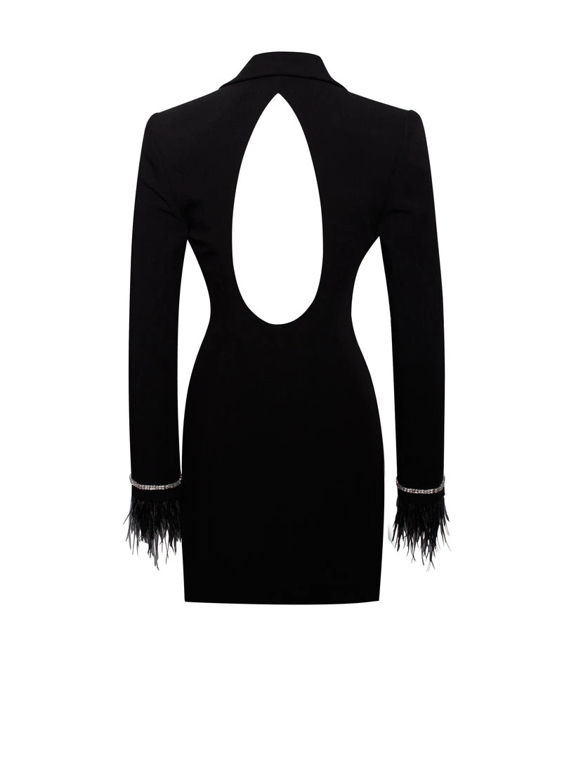 Miss Circle Quilla Black Feather Crystal Sleeve Backless Blazer Dress