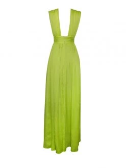 Miss Circle Valley Of Angels Lime Silk Pleated High Slit Maxi Dress
