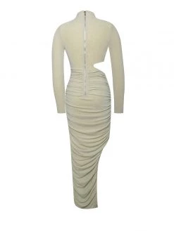 Miss Circle New In Payson Pale Yellow Long Sleeve Metallic Jersey Cutout Dress