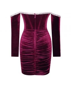 Miss Circle Odette Burgundy Velvet Off Shoulder Corset Dress With Crystal Trim