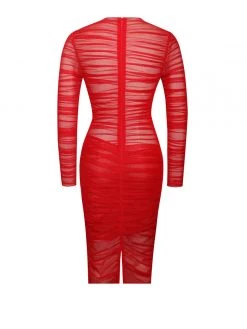Miss Circle Jimena Red Ruched Mesh Long Sleeve Dress Dresses