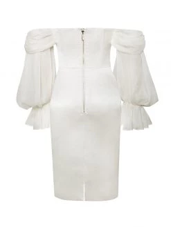Miss Circle Dresses Lydia Pearl White Satin Off Shoulder Puff Sleeve Dress