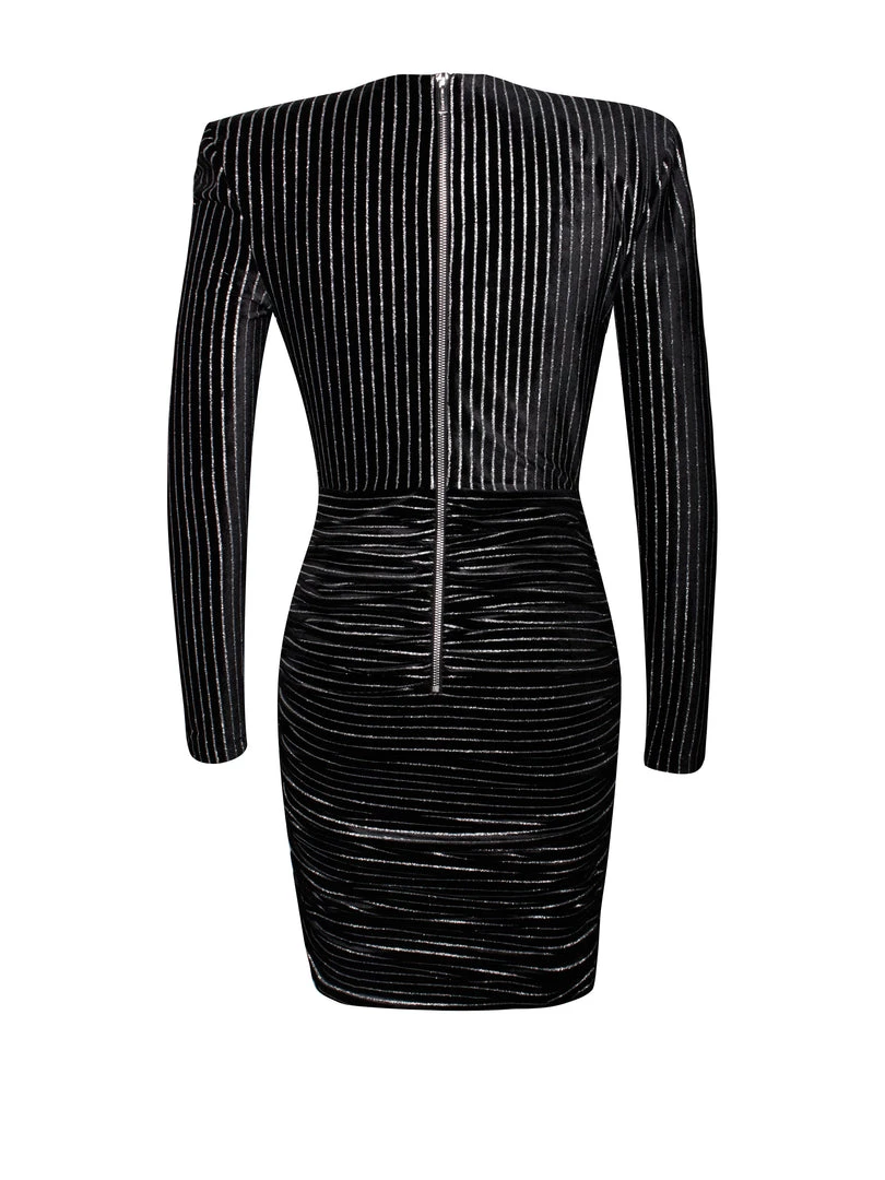 Miss Circle Kamila Black Stripe Velvet Long Sleeve Dress
