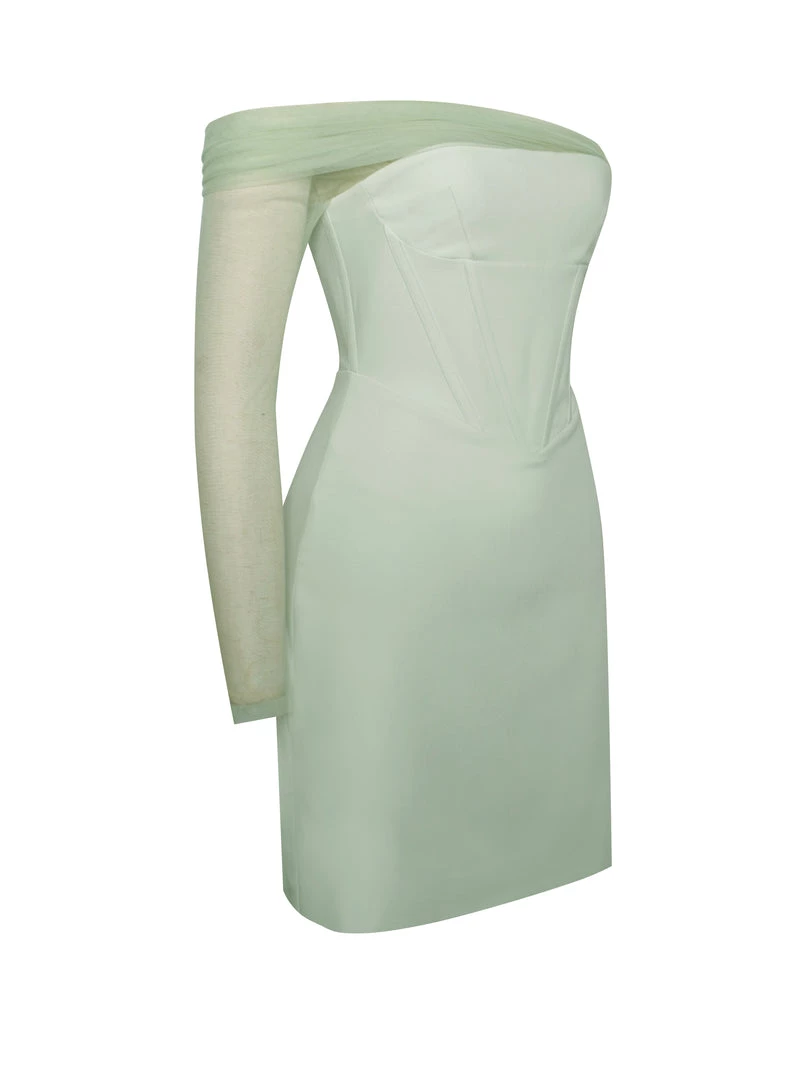 Miss Circle Uma Mint Sheer Mesh Sleeve Crepe Corset Dress