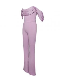 Miss Circle Sherlyn Mauve Off Shoulder Flared Crepe Jumpsuit New In