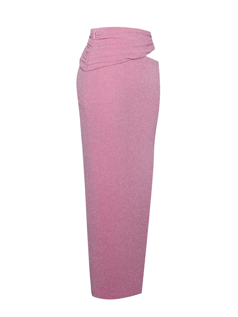 Miss Circle Toira Salmon Pink Metallic Cutout Jersey Skirt Bottoms
