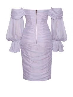 Miss Circle Sirene Lavender Silk Pleated Off Shoulder Balloon Sleeves Dress