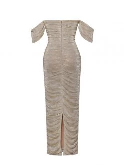 Miss Circle New In Gene Gold Ruched Off Shoulder Chiffon Dress