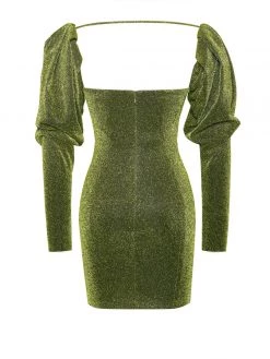 Miss Circle Verina Green Metallic Puff Shoulder Dress