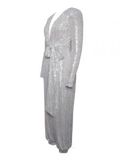 Miss Circle Tasha Silver Sequin Jumpsuit With Waist Tie