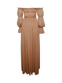 Miss Circle Best Sellers Iris Tan Off Shoulder Puff Sleeve Silk Pleated Maxi Dress