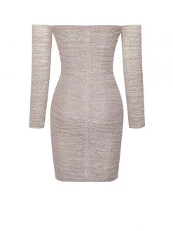 Miss Circle Blanca Beige Off Shoulder Long Sleeve Mesh Dress With Crystals