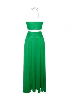 Miss Circle Quinby Green Silk Pleated Lace Up Maxi Dress Dresses