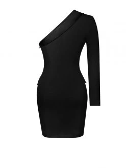 Miss Circle Keep One Up One Sleeved Black Crepe Tuxedo Blazer Dress