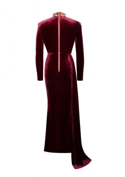Miss Circle Zenaida Burgundy Cutout High Slit Velvet Gown
