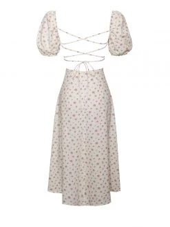 Miss Circle Umaiza Floral Puff Sleeve Backless Linen Midi Dress Dresses