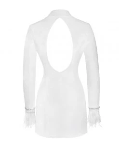 Miss Circle Quilla White Feather Crystal Sleeve Backless Blazer Dress Dresses