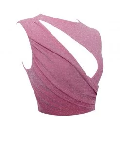 Miss Circle Teia Salmon Pink Metallic Jersey Cutout Top