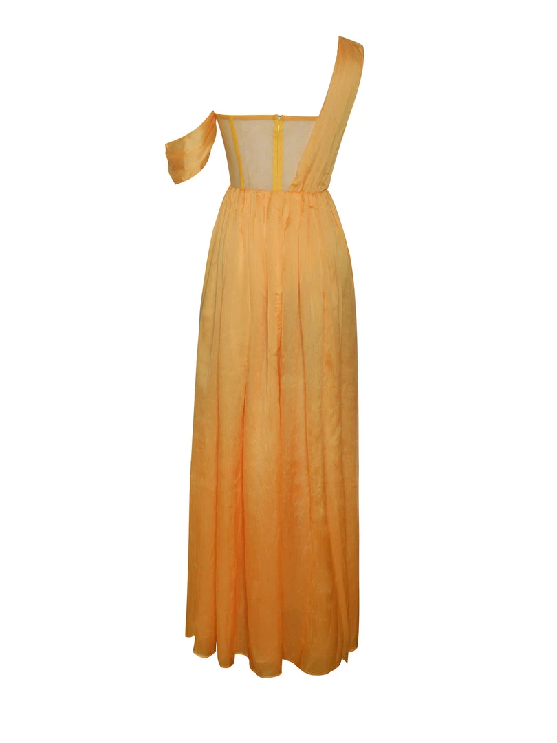 Miss Circle Back In Style Orange Silk Pleated Corset High Slit Maxi Dress