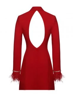 Miss Circle Quilla Red Feather Crystal Sleeve Backless Blazer Dress Dresses