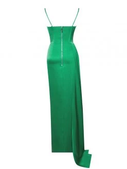 Miss Circle Vanity Green Satin High Slit Draping Corset Gown With Crystals