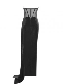 Miss Circle Priya Black Draping Corset High Slit Velvet Gown Corsets