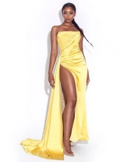 Miss Circle Holly Lemon Crystallized Corset High Slit Satin Gown