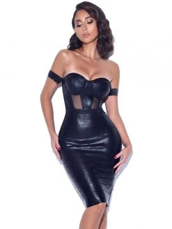 Miss Circle New In Irreplaceable Off Shoulder Black Metallic Bandage Dress
