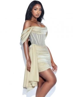 Miss Circle Kendal Butter Satin Draping Off Shoulder Corset Dress