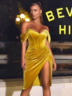 Miss Circle Corsets Omaria Gold Velvet Off Shoulder Corset Dress