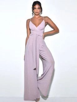 Miss Circle Quita Purple Metallic Tie Front Wide Leg Jumpsuit Dresses