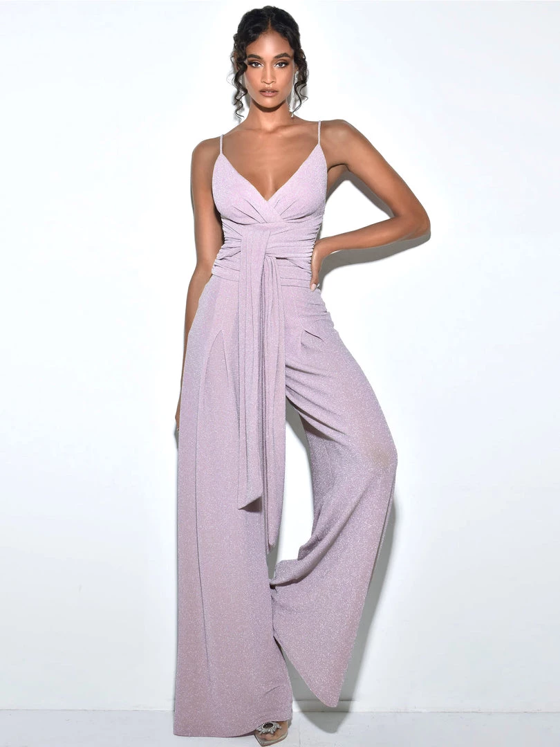 Miss Circle Quita Purple Metallic Tie Front Wide Leg Jumpsuit Dresses