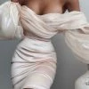 Miss Circle New In Jacey Beige Off Shoulder Balloon Sleeve Dress