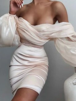 Miss Circle New In Jacey Beige Off Shoulder Balloon Sleeve Dress