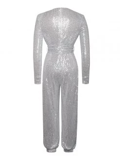 Miss Circle Tasha Silver Sequin Jumpsuit With Waist Tie