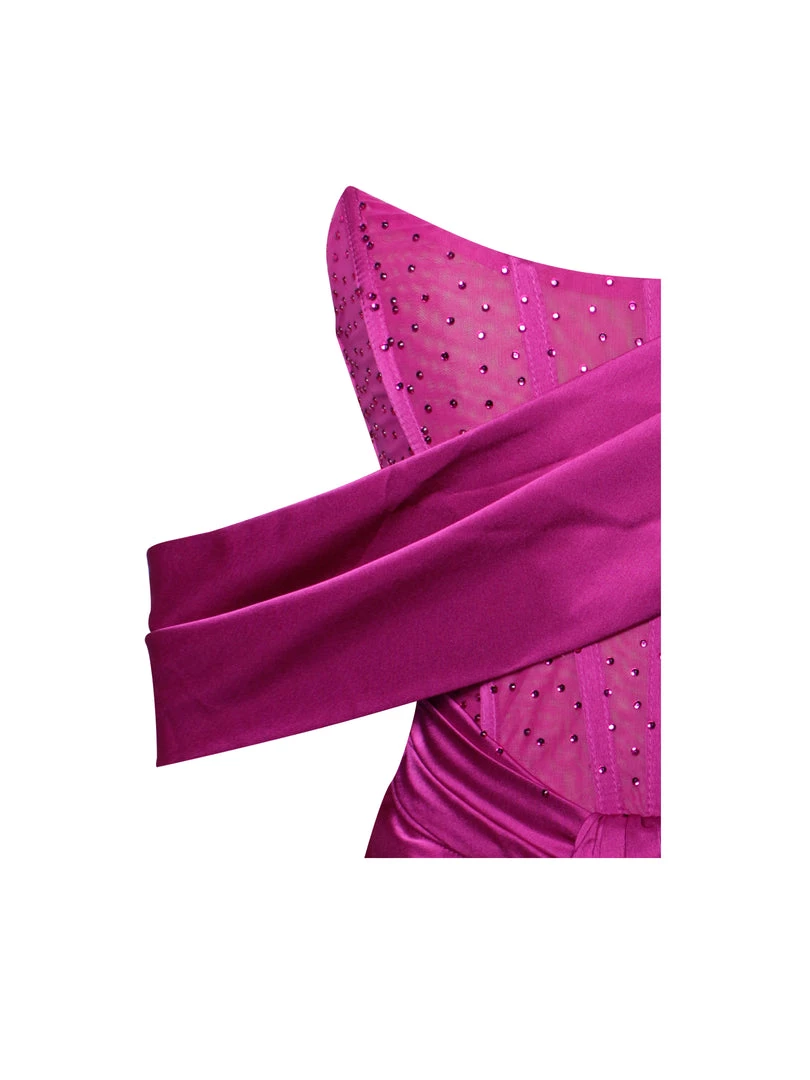 Miss Circle Corsets Darlene Fuchsia Off Shoulder Corset Satin Dress With Crystals