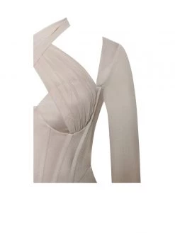 Miss Circle Jocelynn Beige Satin Mesh Long Sleeve Corset Dress