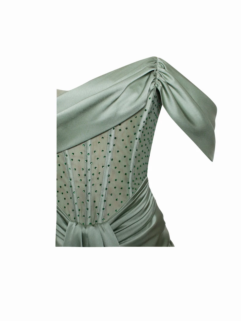 Miss Circle Stella Basil Off Shoulder Crystal Corset Satin Gown Corsets