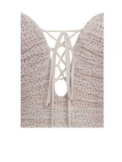 Miss Circle Blanca Beige Off Shoulder Long Sleeve Mesh Dress With Crystals