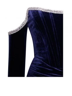 Miss Circle Odette Navy Velvet Off Shoulder Corset Dress With Crystal Trim